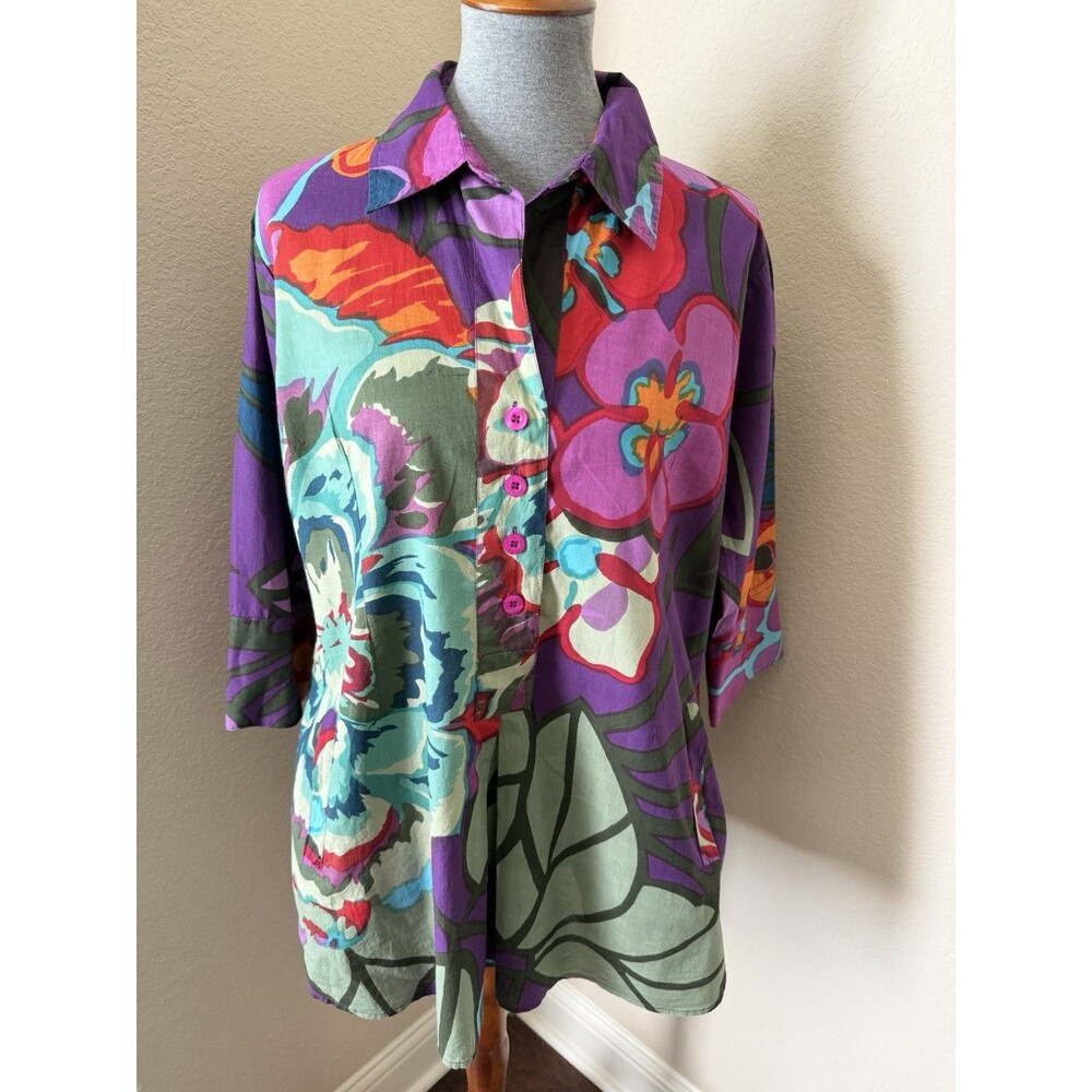 Soft Surroundings Size Petite Large Purple Floral Print Longline Tunic Top